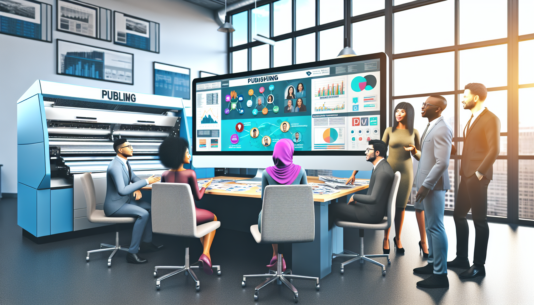 出版業界のデジタルマーケティングとコンテンツ戦略を議論するビジネスパーソン