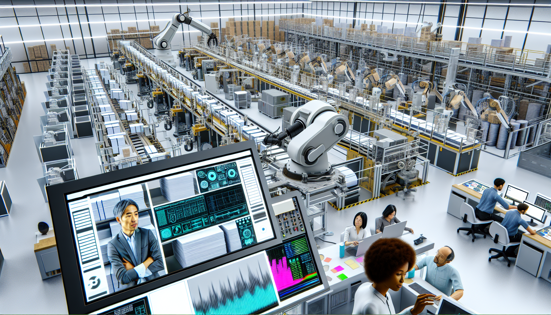 ロボットアームとIoTセンサーが配置された最新の自動化印刷工場