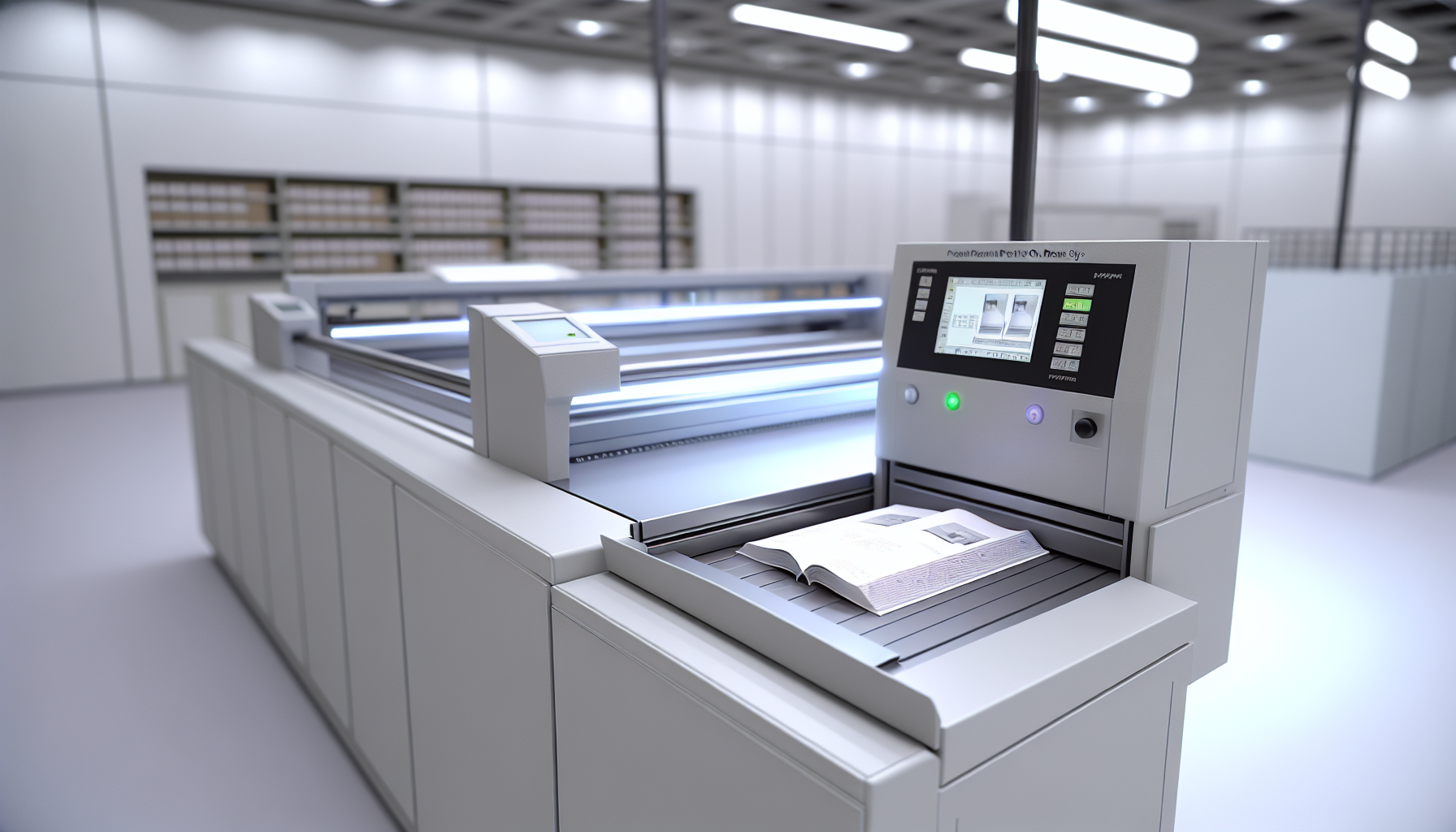 最新のDTP技術と印刷機械が稼働する近未来的な印刷工場の様子